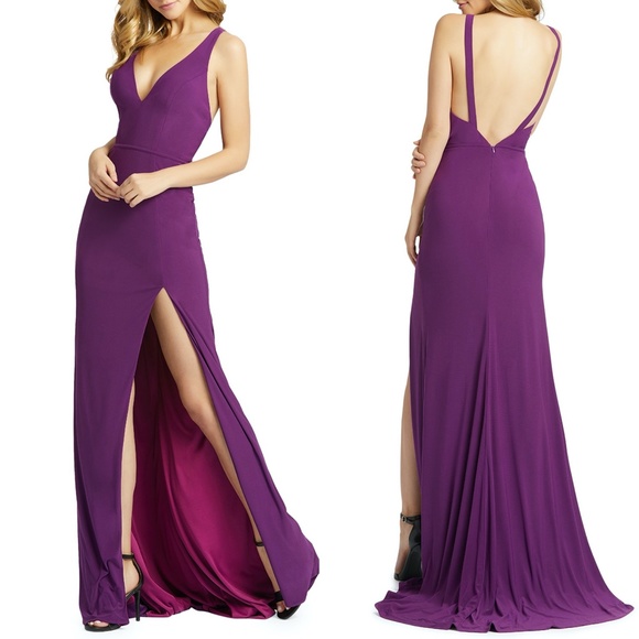 mac duggal plunge neck slit jersey gown